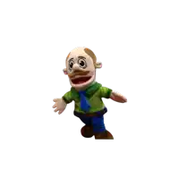 a puppet of a man with a mustache is standing on a white background