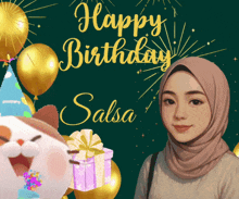 a woman in a hijab is standing in front of a birthday card that says " happy birthday salsa "