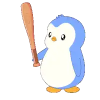 a blue and white penguin is holding a wooden bat