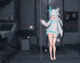 a girl with white hair is standing on a pole in a room