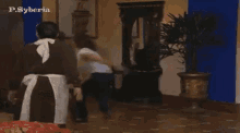 a group of people are dancing in a room with the words p.syberia written on the bottom