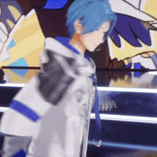 a person with blue hair wearing a white jacket