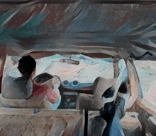 a painting of a man driving a car with a rear view mirror visible
