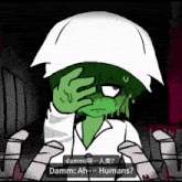 a cartoon character with green hair and a white hood says damn