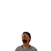 a man with a beard and glasses looks up at the number 14