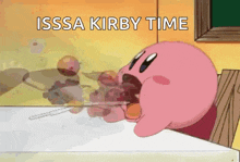 a cartoon character is sitting at a table eating fruit and the words issa kirby time are above him .