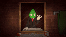 a cartoon drawing of a woman in a suit and tie holding a green object