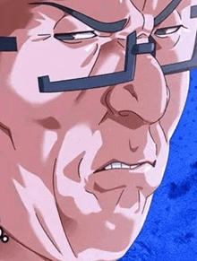 a close up of a man 's face wearing glasses and making an angry face .