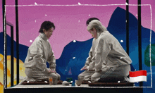 a painting of three people sitting on a ledge with a flag in the background