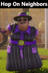 a cartoon character wearing sunglasses and a hat with the words hop on neighbors on the bottom