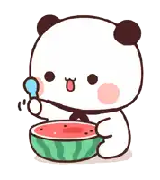 a cartoon panda bear is eating a slice of watermelon .