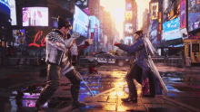 two men are fighting in a city with a police car behind them