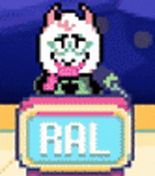 a pixel art of a cat sitting on top of a podium holding a microphone .