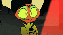 a cartoon character with yellow eyes and a cross on his face