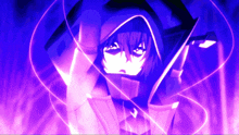 a purple background with a person in a hood holding a light