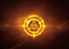 a glowing symbol in a circle with a triangle in the center on a dark background