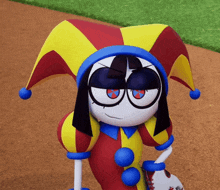 a cartoon character wearing a colorful jester hat holds a baseball