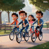 a group of cartoon characters are riding bicycles down a sidewalk in a park .