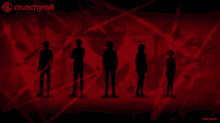 a group of people standing in a dark room with crunchyroll written on the bottom