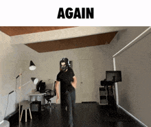 a man in a mask is walking in a room with the words again above him