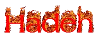 the name haden is written in red with flames coming out of it
