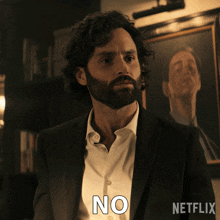a man in a suit says no in front of a netflix poster