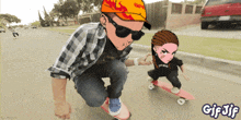 a cartoon of a man and a child riding a skateboard with the words gif jif below them