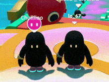 two black penguins are standing next to each other in a video game called falling guys ..
