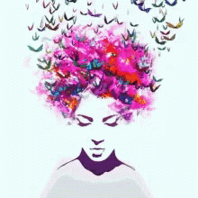 a painting of a girl with pink hair and butterflies are flying out her hair whilst she has her eyes closed