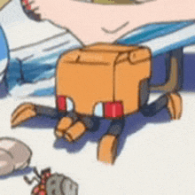 a cartoon drawing of an orange robot crawling on the ground