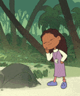 a cartoon of a girl in a purple dress standing in the woods
