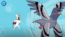 a cartoon of a dog fighting a pigeon with the dc logo behind him