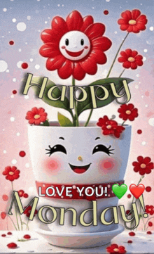 a happy monday greeting card with a flower in a pot