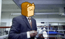 a man in a suit and tie with a pixelated lion on his head
