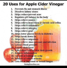 a list of 20 uses for apple cider vinegar is displayed