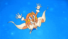 a cartoon character with a crown on her head is flying in the air