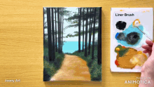 a painting of a path in the woods is being painted
