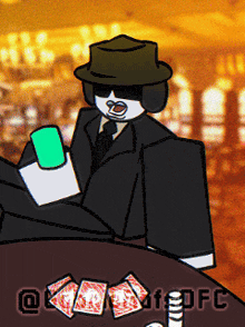 a cartoon of a man in a suit and hat playing poker