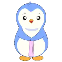 a blue penguin holding a pink sign that says thank you grandma