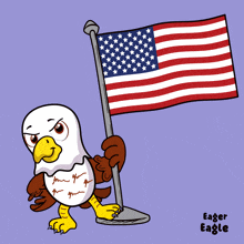 a cartoon of an eagle holding an american flag with eager eagle written on the bottom