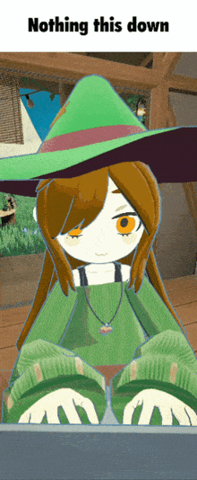 a cartoon of a girl wearing a green sweater and a green hat with the words nothing this down below her