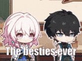a boy and a girl are standing next to each other with the words " the besties ever " on the bottom