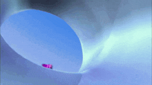 a blue background with a circle in the middle and a purple object in the corner