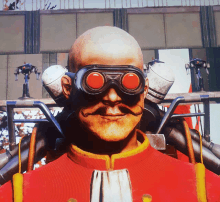 a bald man with a mustache and goggles on