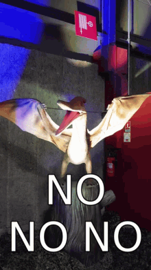 a statue of a pterodactyl with the words " no no " below it