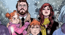 a comic book drawing of a family standing in the snow