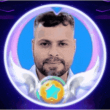 a man with a beard and wings is in a circle with a star in the middle .