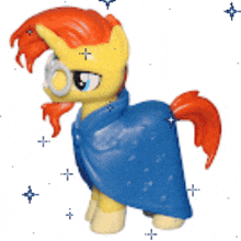 a toy pony is wearing a blue cape and goggles