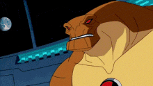 a cartoon character with red eyes is standing in front of a control panel