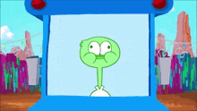 a cartoon character with a long neck is standing in front of a blue box